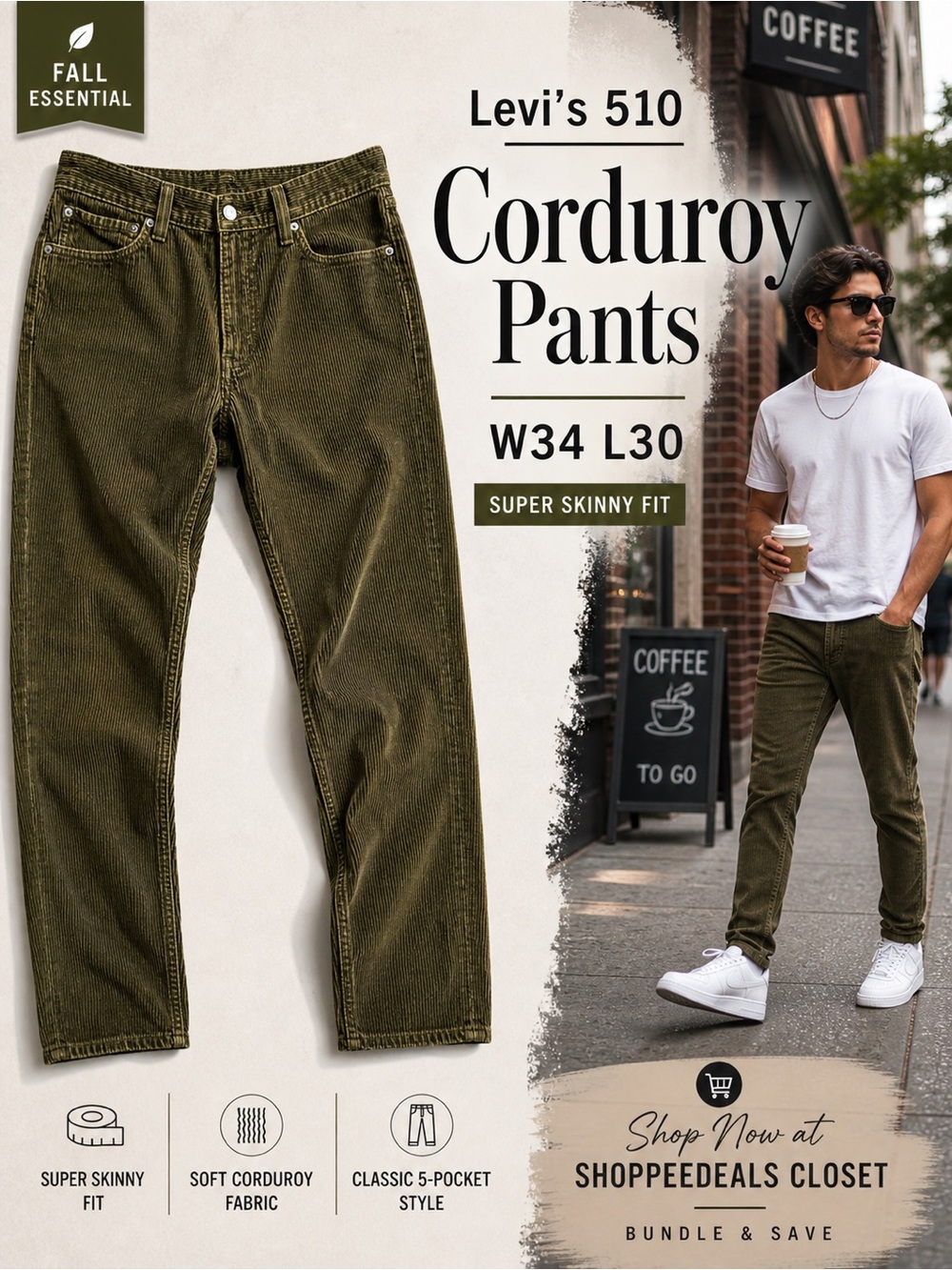 Levi’s 510 Super Skinny Corduroy Pants Olive Green W34 L30